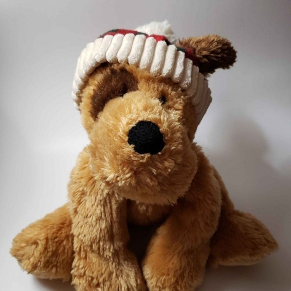 Hugfun International Dark Brown Dog Plush with Plaid Hat and Scarf